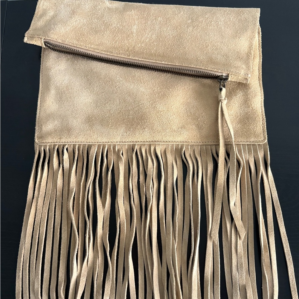 Elegant Tan Fringe Suede Clutch